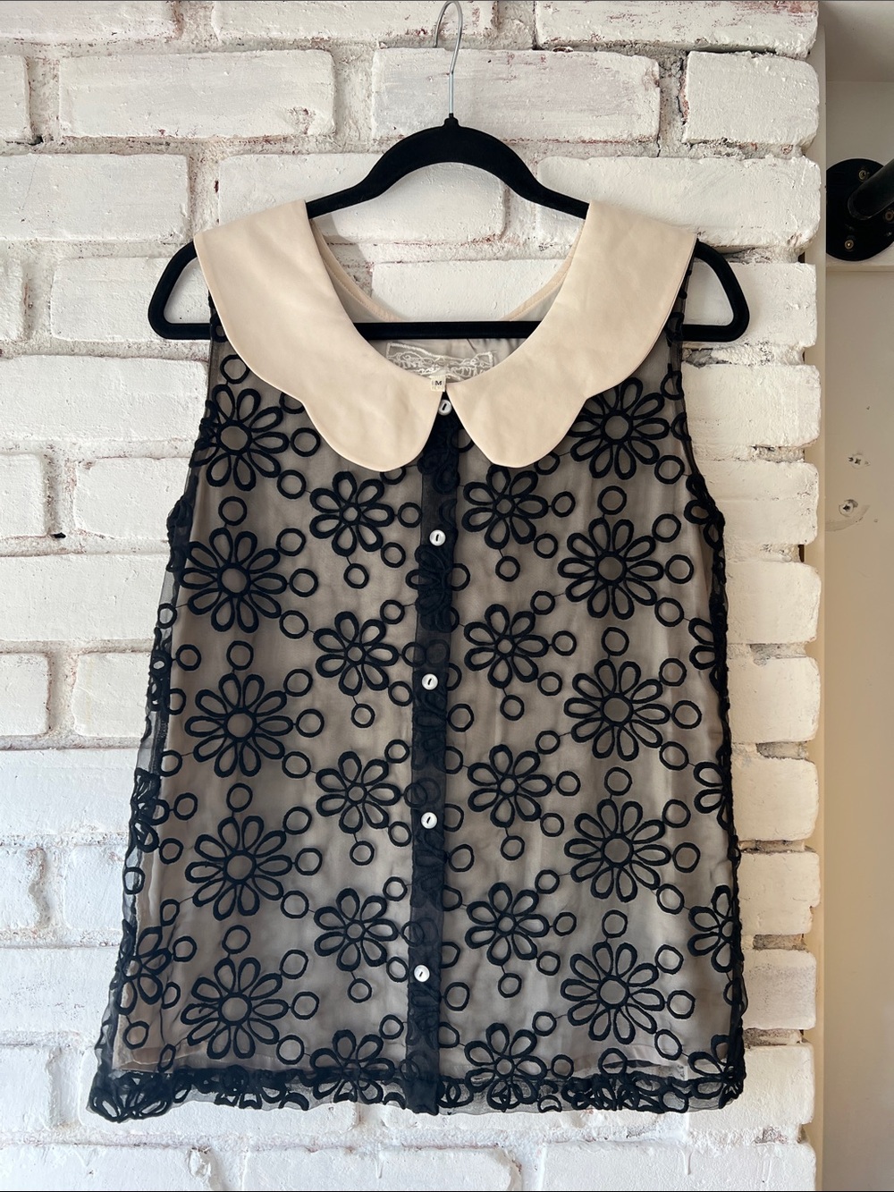 Sheer Black Floral Lace Sleeveless Top with Cream Peter Pan Collar
